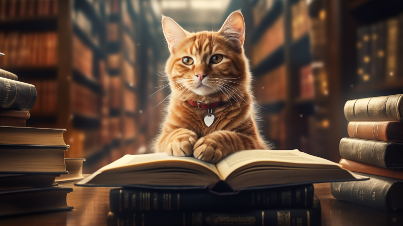 Katt sitter med en bok framför sig i ett bibliotek.
